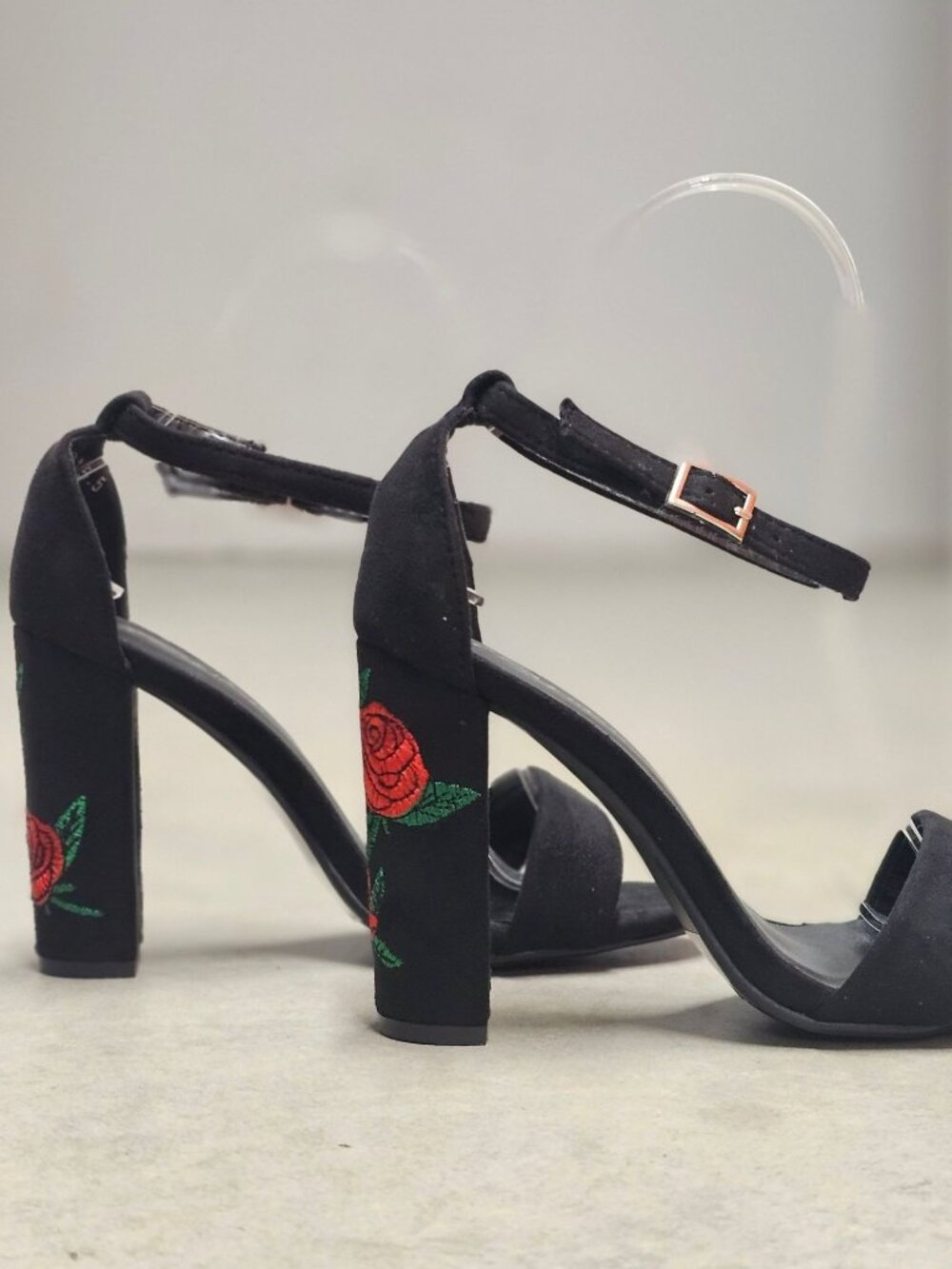 Black Faux Suede Block Heel Sandals With Rose Embroidery & Ankle Strap - Picture 4 of 13